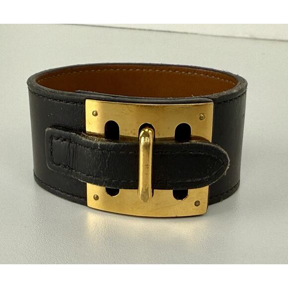 HERMES Intense Leather Bracelet Black Gold Hardware - Picture 1 of 10